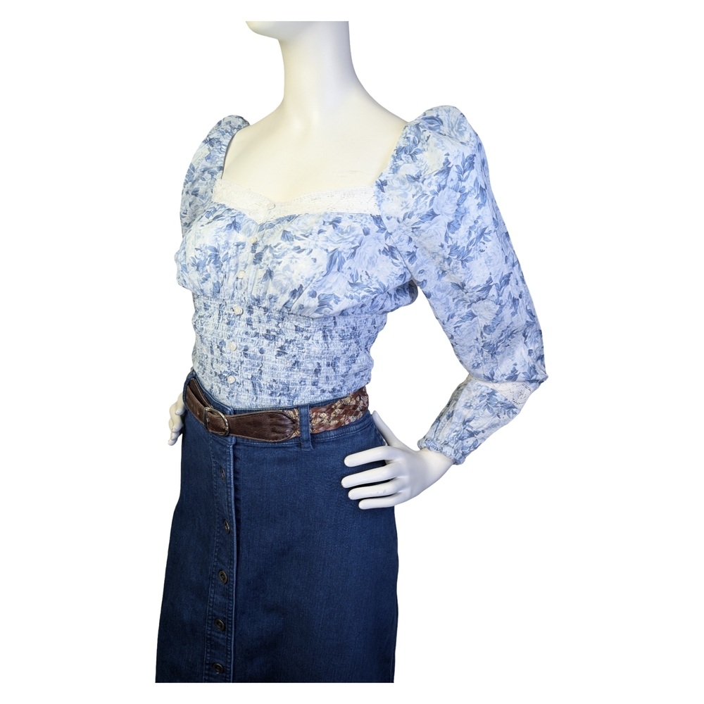 American Eagle Blue Floral Smocked Prairie Blouse | Cottagecore Western | Size M - Picture 3 of 12